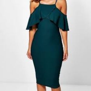 NWT BooHoo  Cold Shoulder Frill Detail Midi Dress